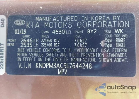 2020 Kia Sportage Lx z USA, uszkodzony, nr VIN KNDPM3AC9L7644248